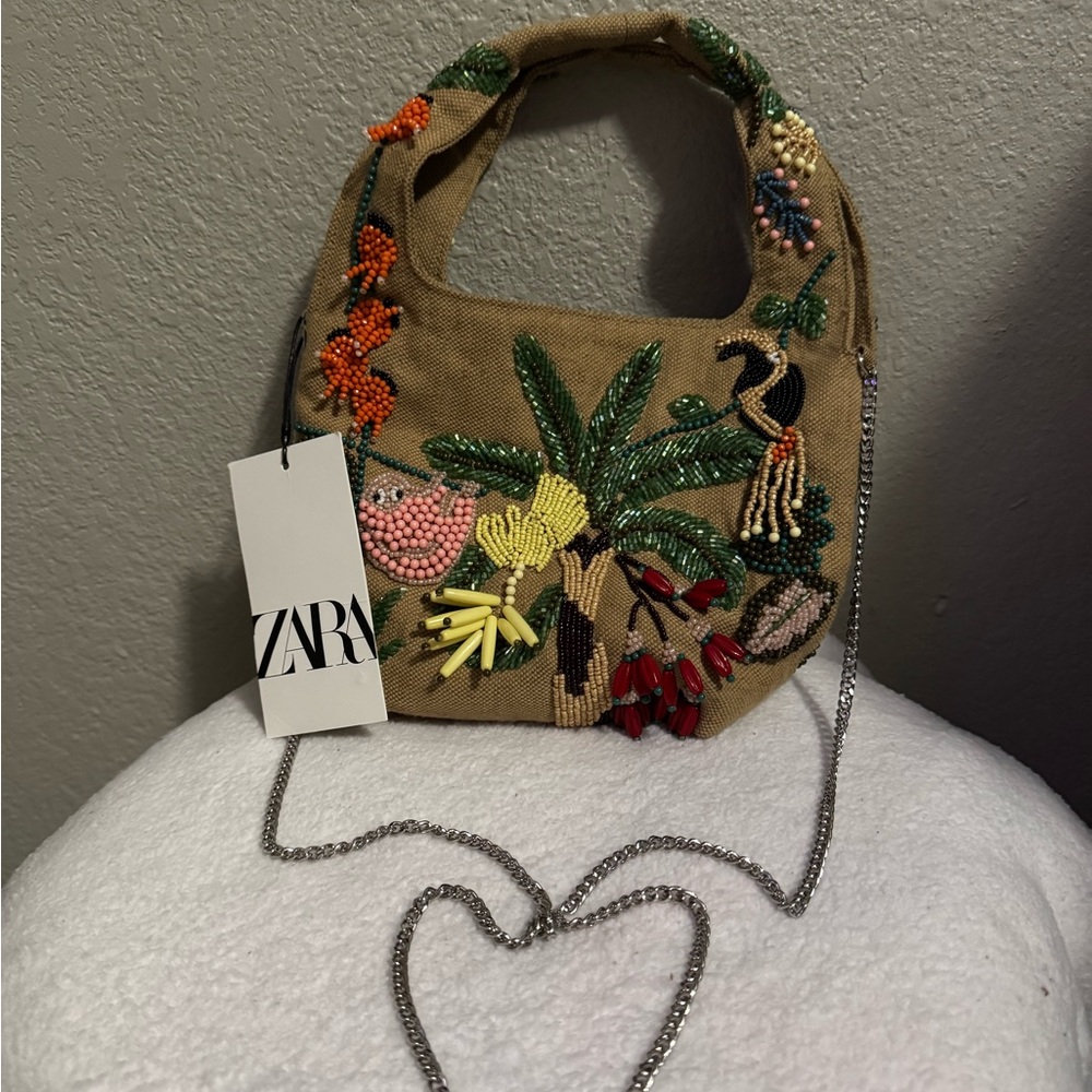 Zara Tan Mini Bag with Embroidered Floral Design